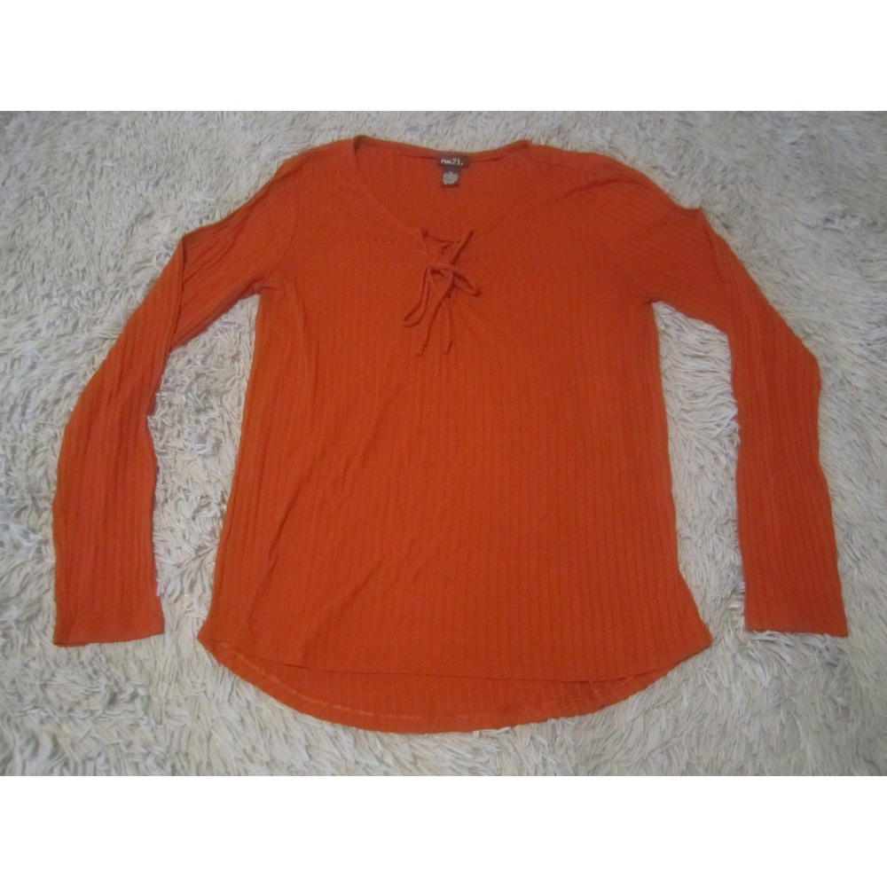 Rue21 Shirt Juniors XL Orange Ribbed Lace Up V Neck Long Sleeve Top Pullover